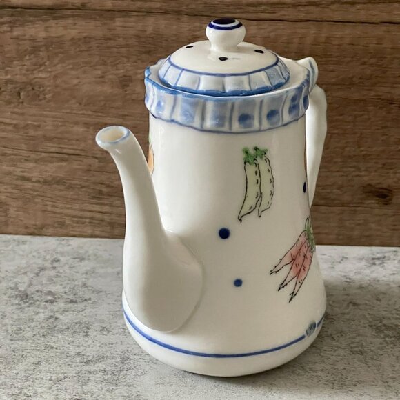 Studio Art Pottery Hand Painted Vegetable and Ribbon Motif Covered Pitcher 4.5" - Picture 3 of 9